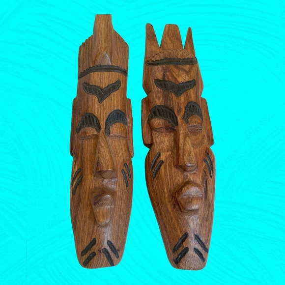 Pair Of Small African Wood Carved Masks With Human Faces 9” Vintage - Picture 1 of 13